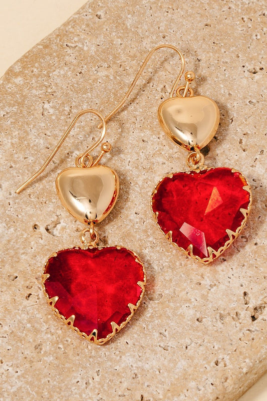 Faceted Crystal Heart Dangling Earrings-Red