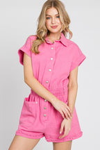Mineral Washed Denim Romper-Vintage Fuchsia