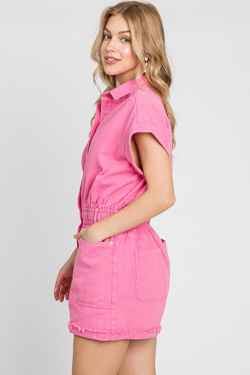 Mineral Washed Denim Romper-Vintage Fuchsia