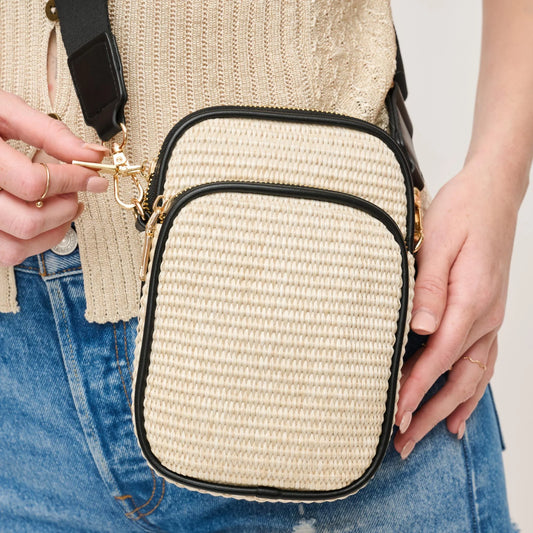 Straw Woven Cell Phone Crossbody-Ivory Black