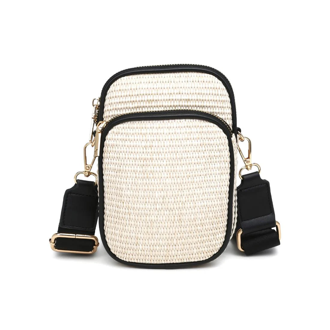 Straw Woven Cell Phone Crossbody-Ivory Black