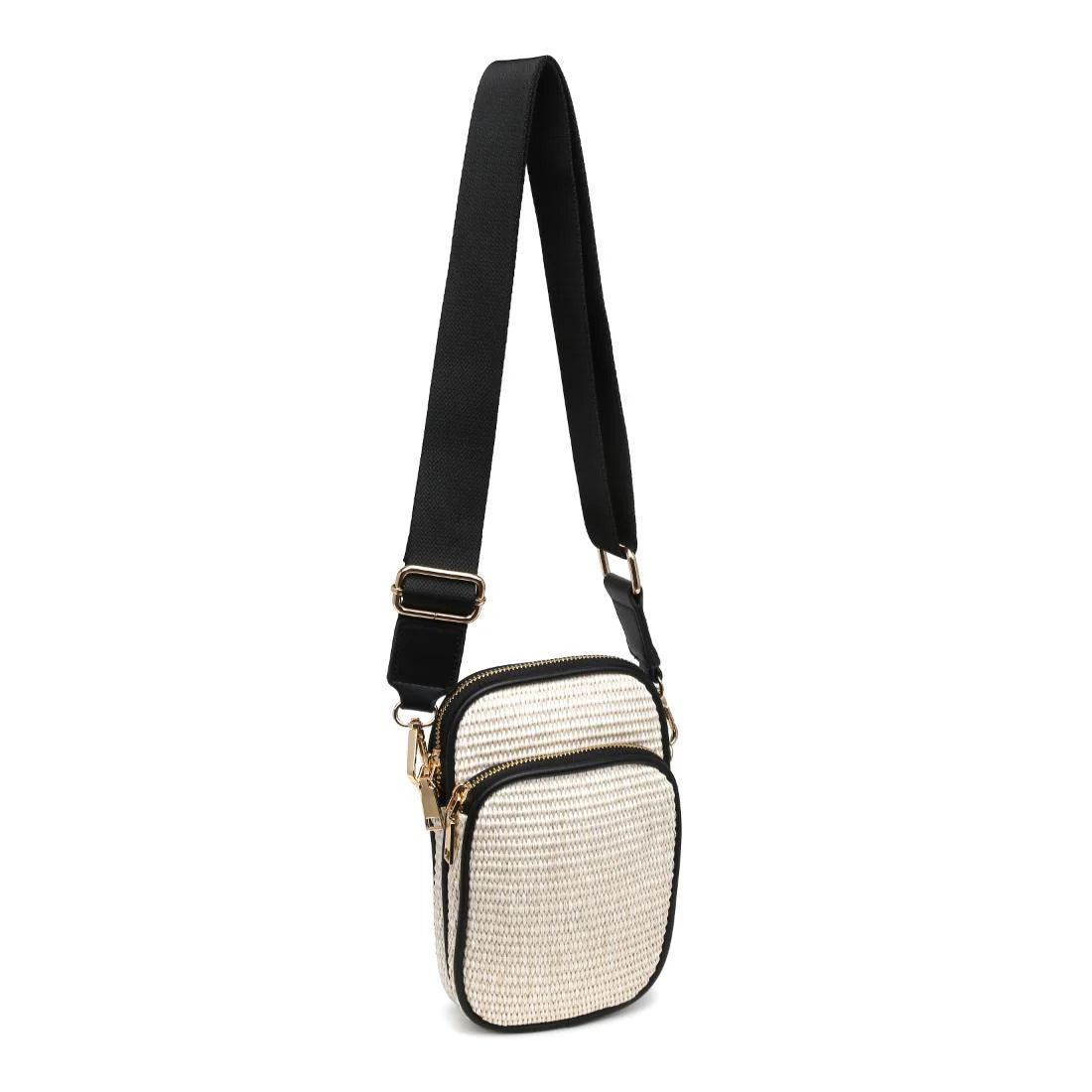 Straw Woven Cell Phone Crossbody-Ivory Black