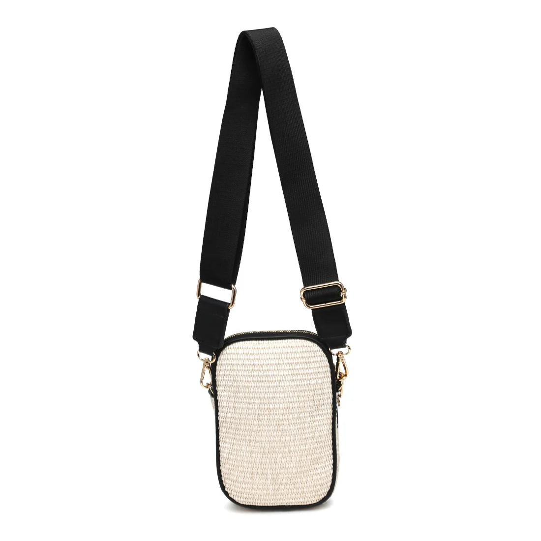 Straw Woven Cell Phone Crossbody-Ivory Black