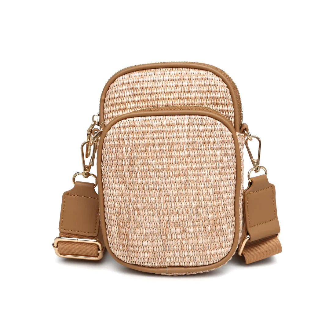 Straw Woven Cell Phone Crossbody-Tan