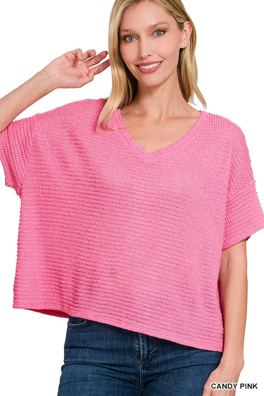 Short Sleeve Jacquard Knit Top-Candy Pink