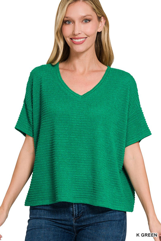 Short Sleeve Jacquard Knit Top-Kelly Green