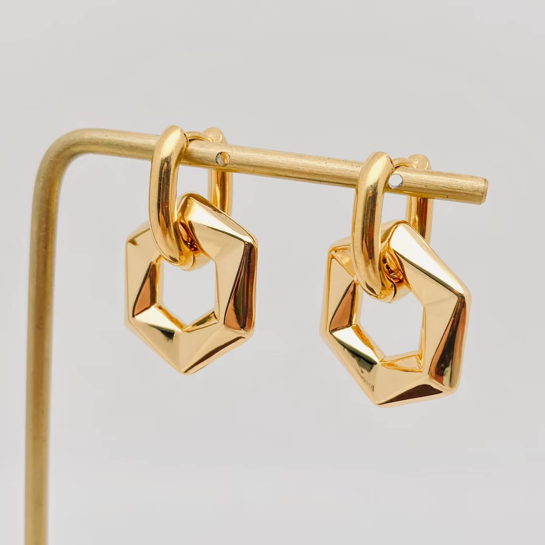 18K Non-Tarnish Hexagon Huggie Earrings-Gold