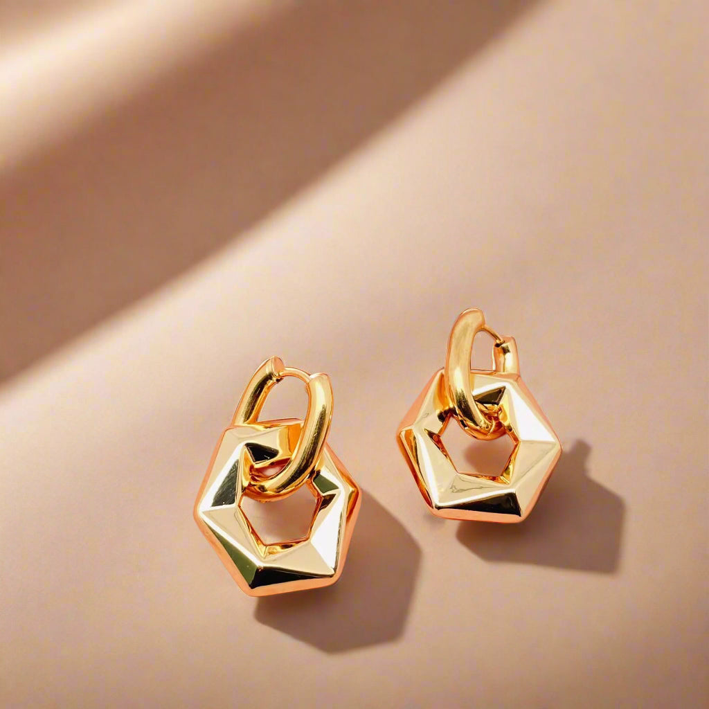 18K Non-Tarnish Hexagon Huggie Earrings-Gold
