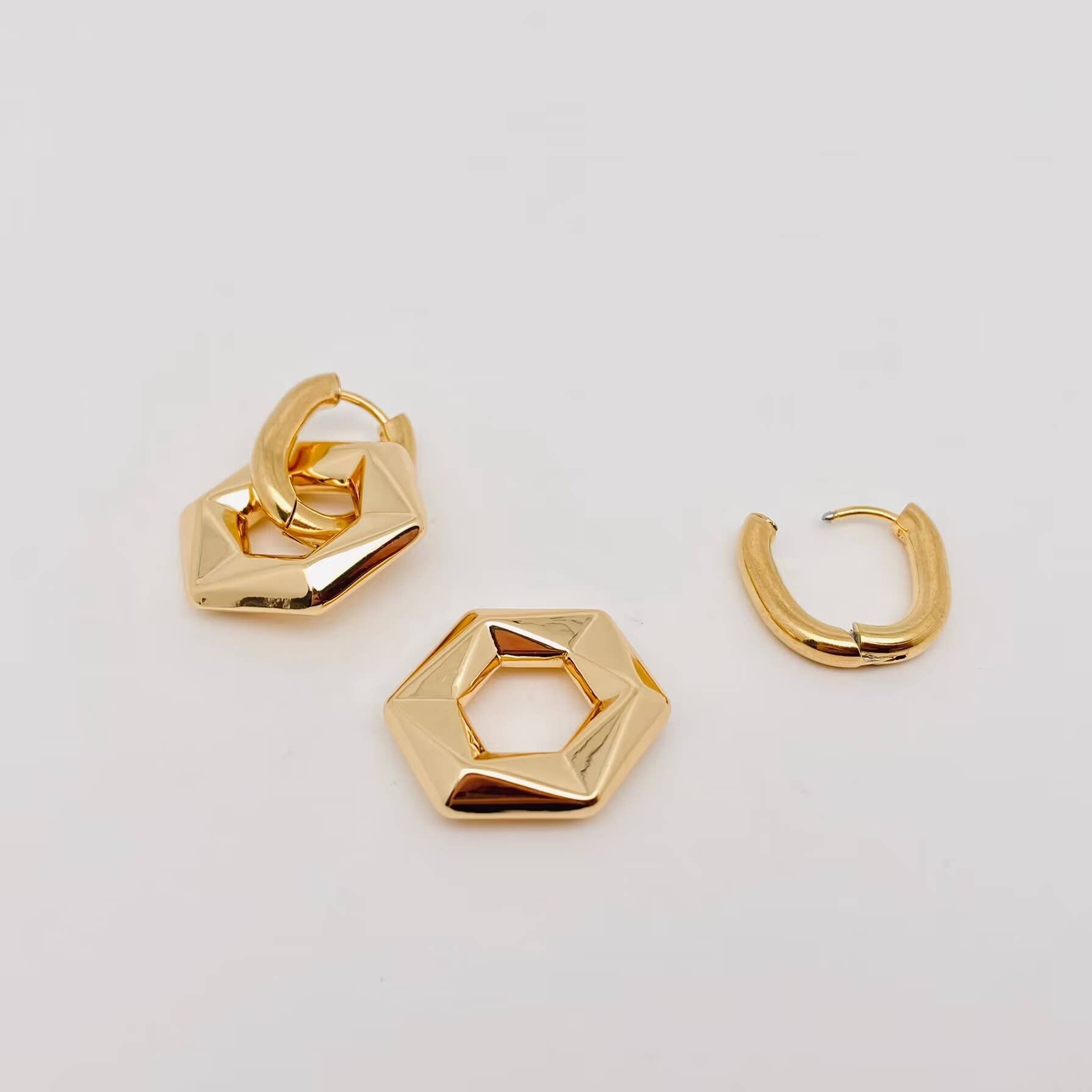 18K Non-Tarnish Hexagon Huggie Earrings-Gold