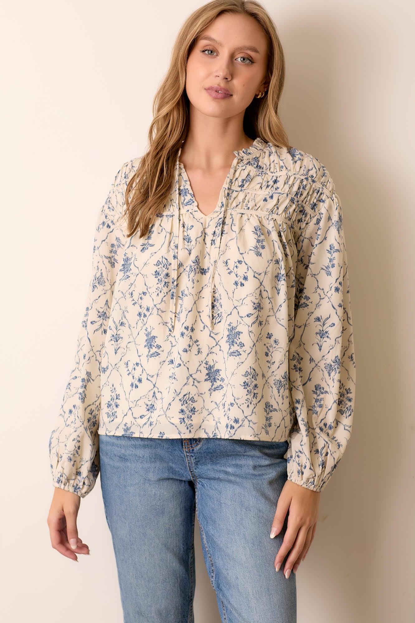 Floral Smocked Long Sleeve Top-Cream Blue Multi