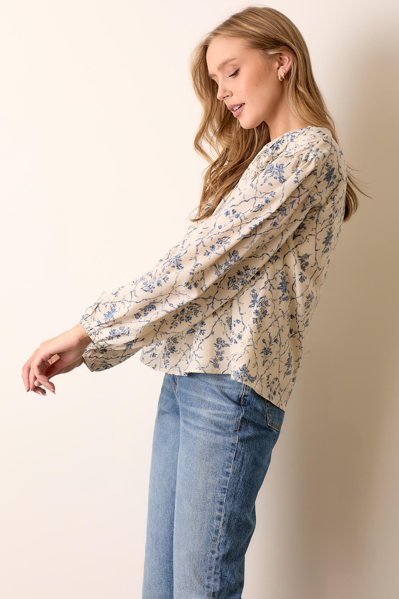 Floral Smocked Long Sleeve Top-Cream Blue Multi