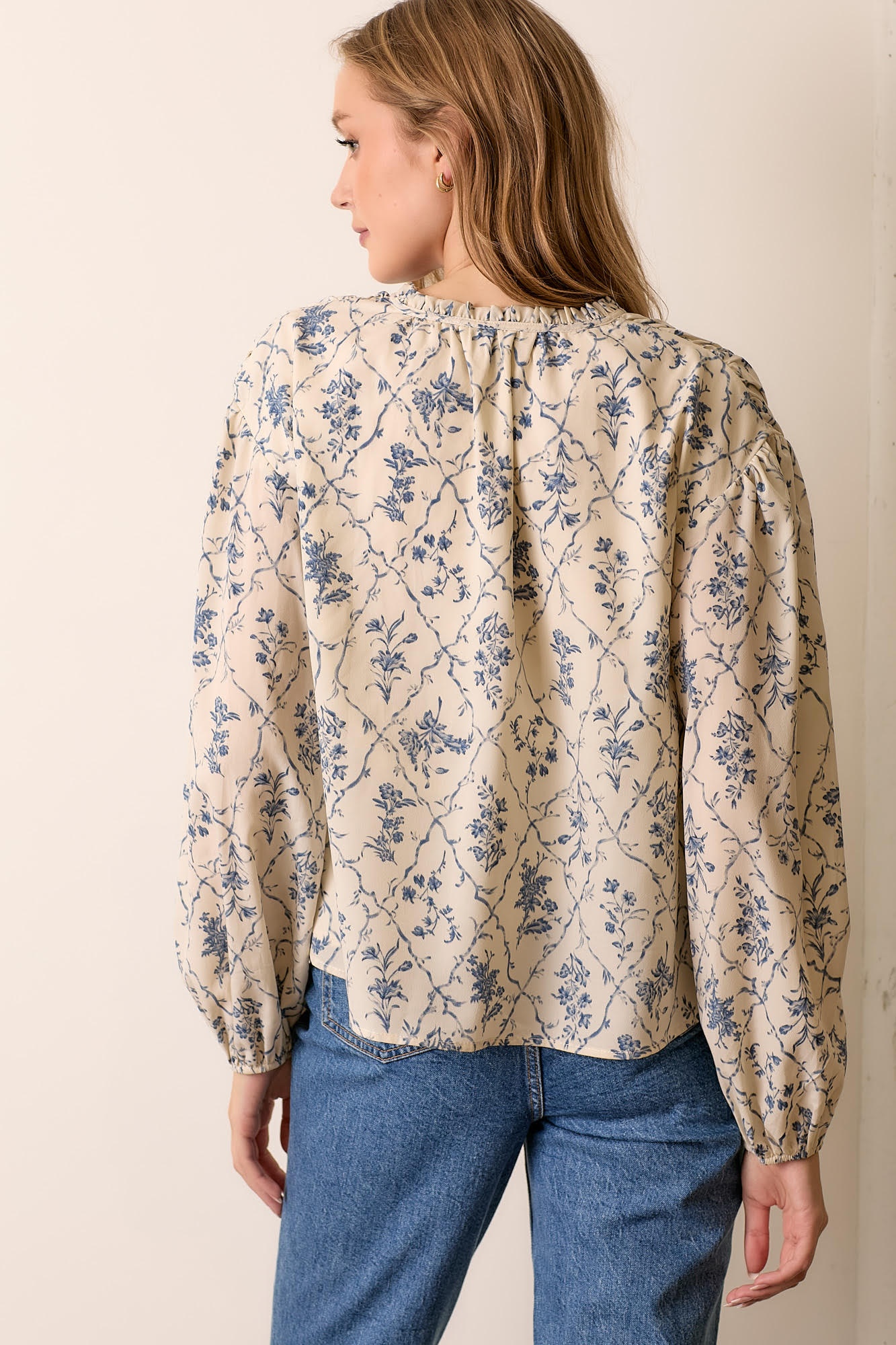 Floral Smocked Long Sleeve Top-Cream Blue Multi