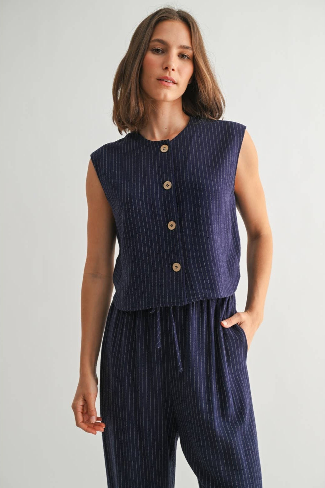 Striped Sleeveless Button Down Vest-Navy White