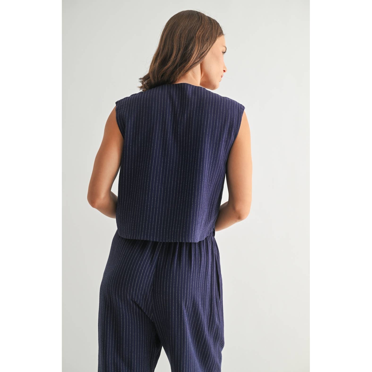 Striped Sleeveless Button Down Vest-Navy White