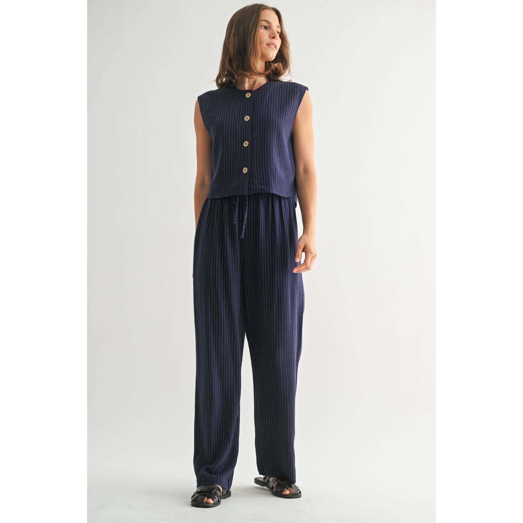 Striped Sleeveless Button Down Vest-Navy White