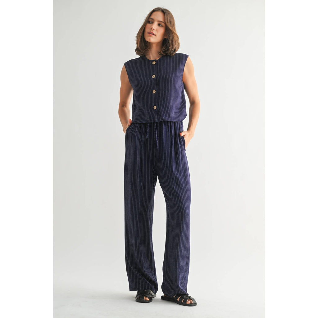 Striped Sleeveless Button Down Vest-Navy White