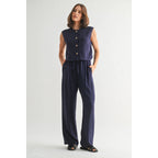 Striped Sleeveless Button Down Vest-Navy White