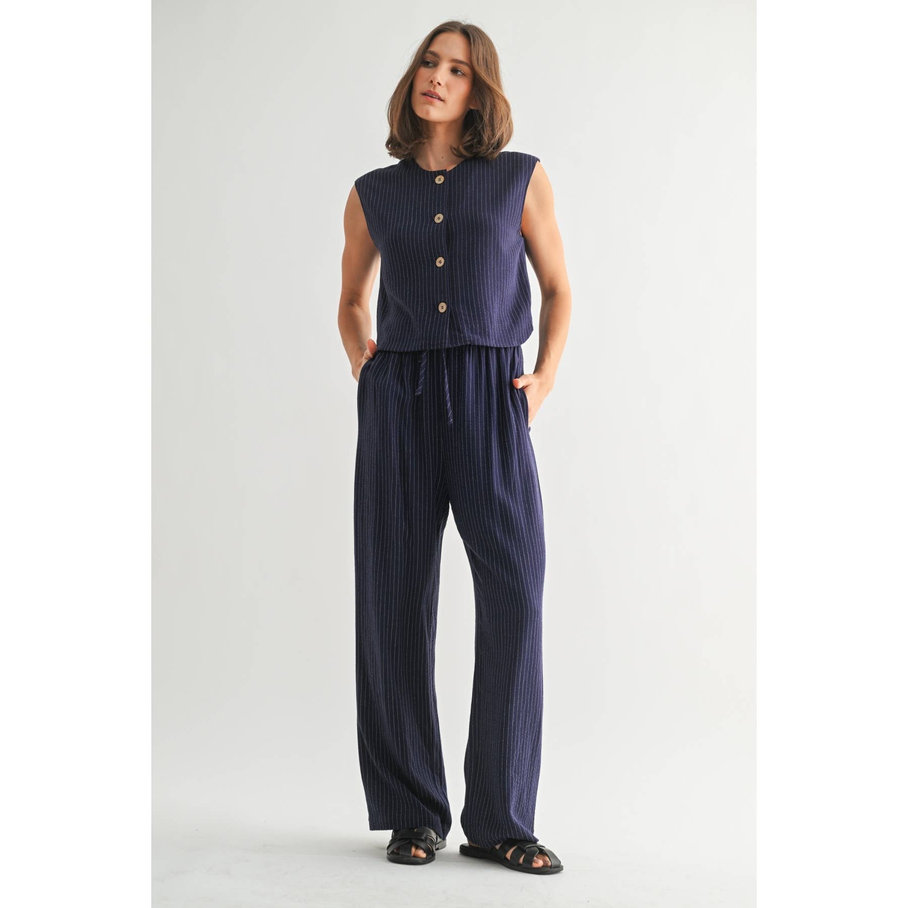 Striped Sleeveless Button Down Vest-Navy White