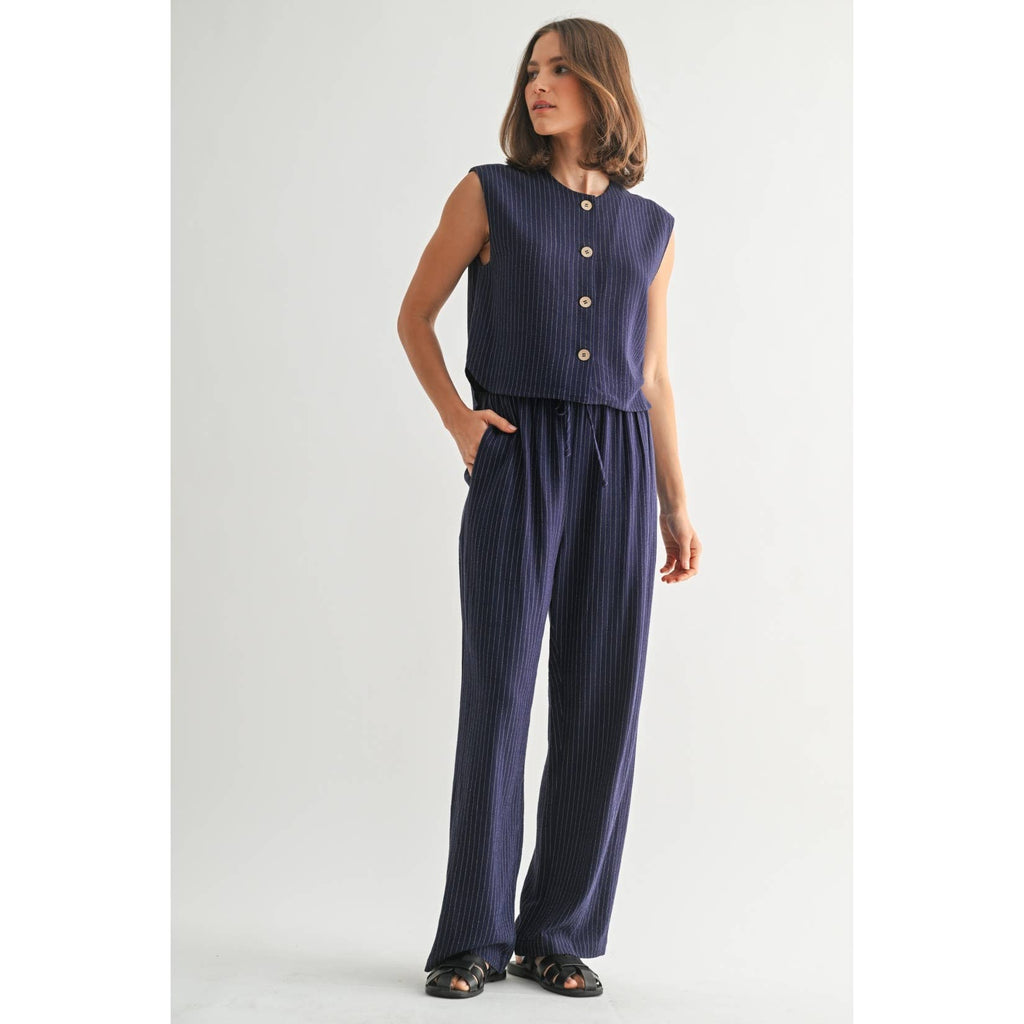 Striped Sleeveless Button Down Vest-Navy White