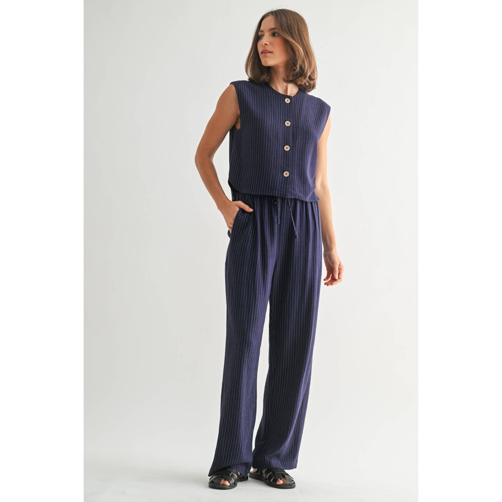 Striped Sleeveless Button Down Vest-Navy White