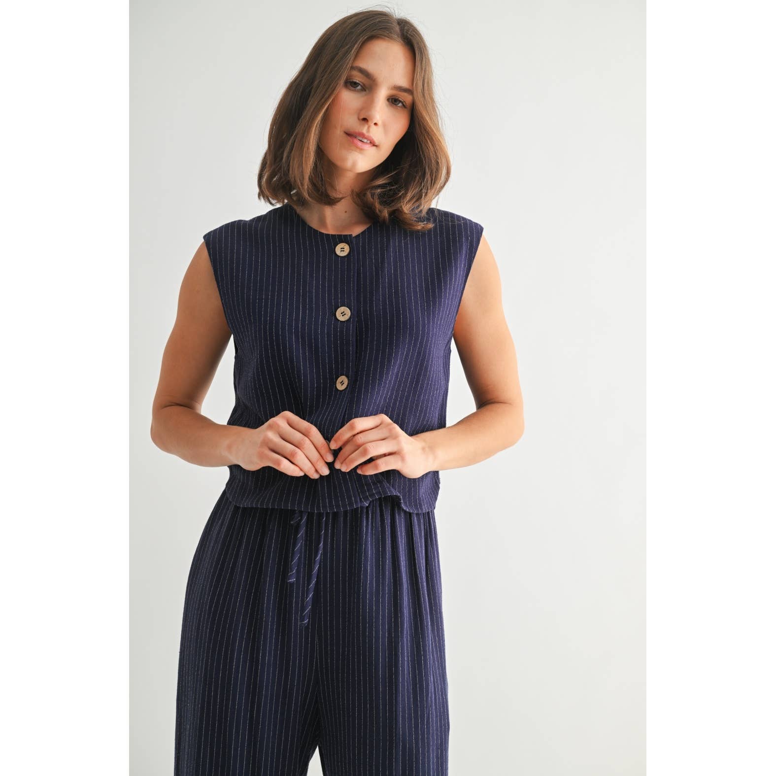 Striped Sleeveless Button Down Vest-Navy White