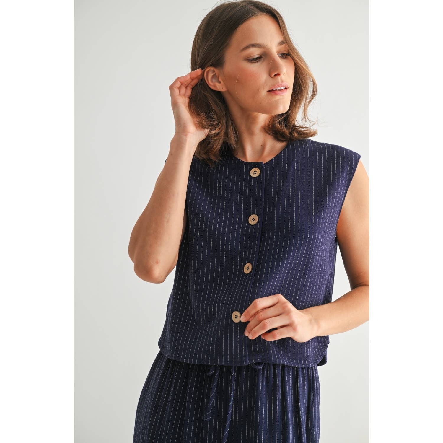 Striped Sleeveless Button Down Vest-Navy White