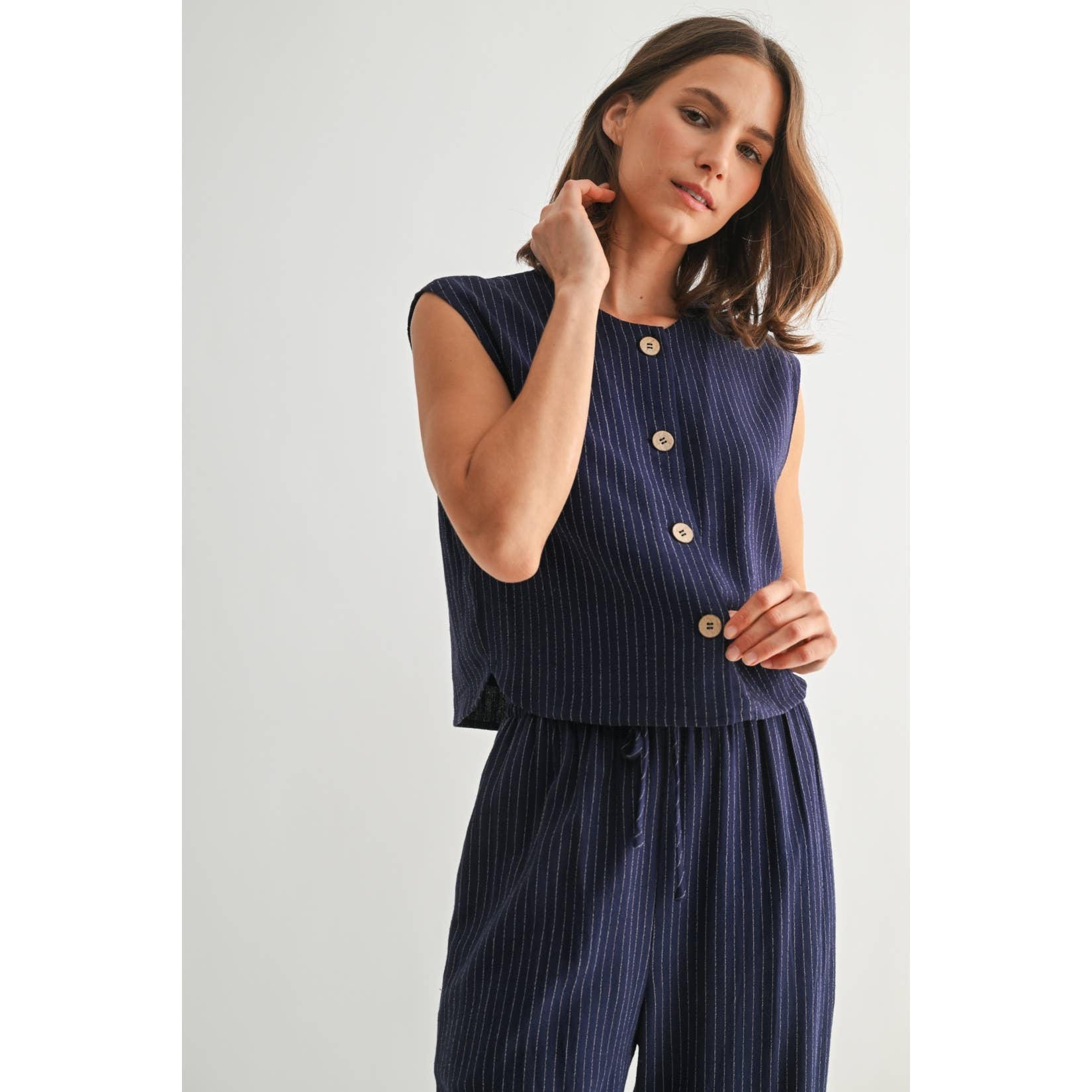 Striped Sleeveless Button Down Vest-Navy White