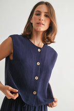 Striped Sleeveless Button Down Vest-Navy White