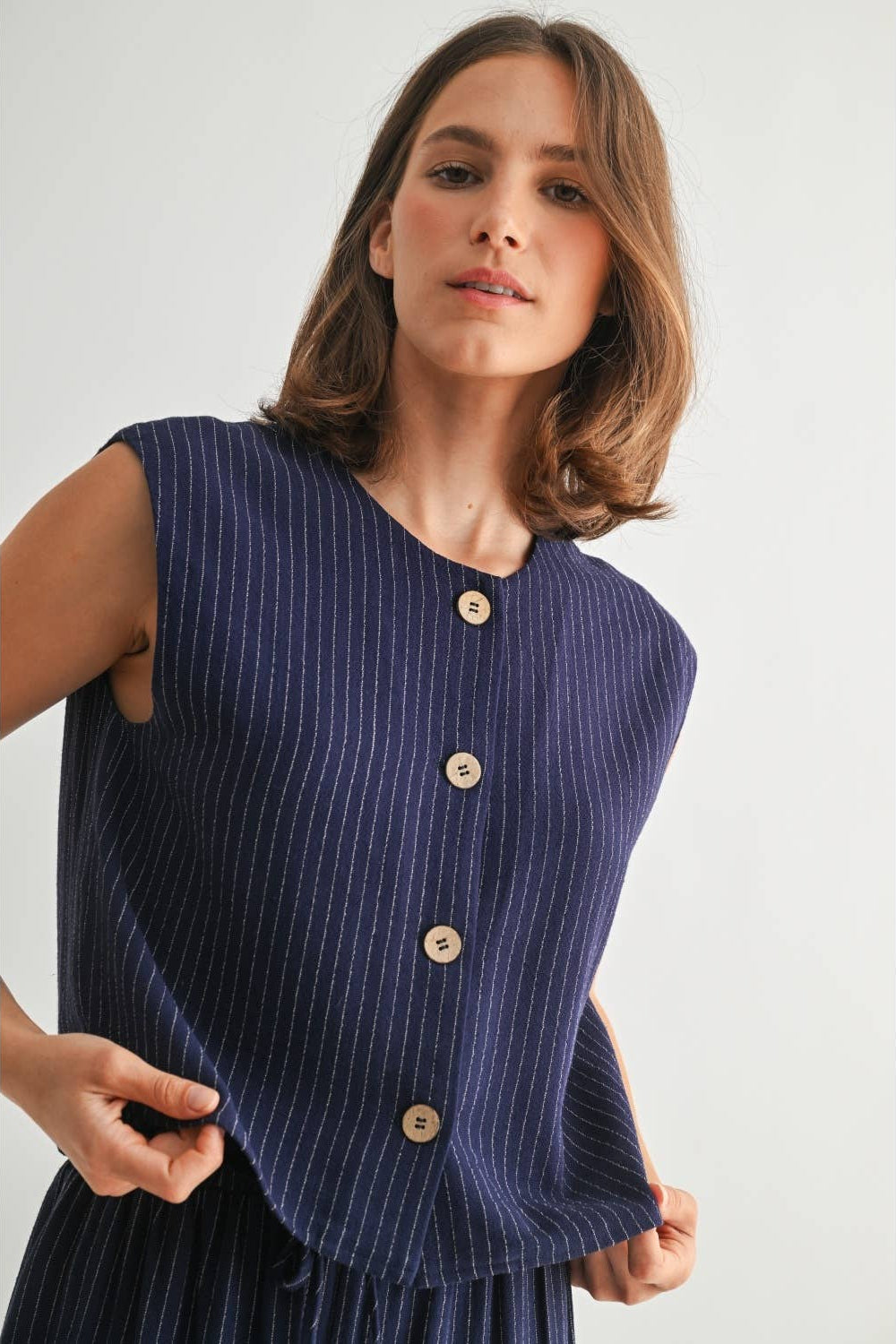 Striped Sleeveless Button Down Vest-Navy White