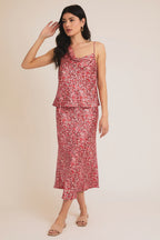 Floral Satin Sleeveless Top and Midi Skirt-Pink