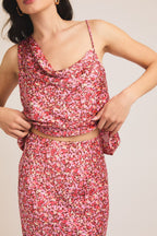 Floral Satin Sleeveless Top and Midi Skirt-Pink