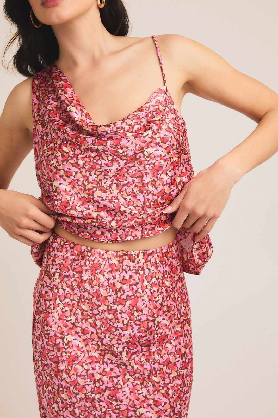 Floral Satin Sleeveless Top and Midi Skirt-Pink