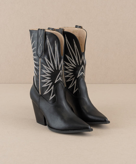 Starburst Embroidery Western Boots-Black