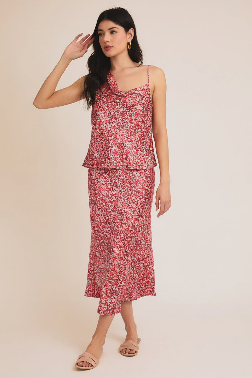 Floral Satin Midi Skirt-Pink