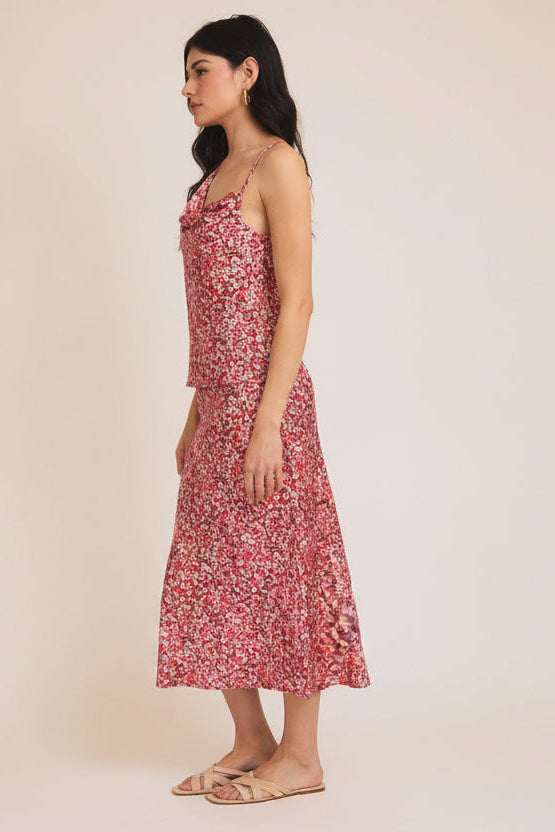 Floral Satin Midi Skirt-Pink