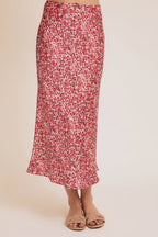 Floral Satin Midi Skirt-Pink