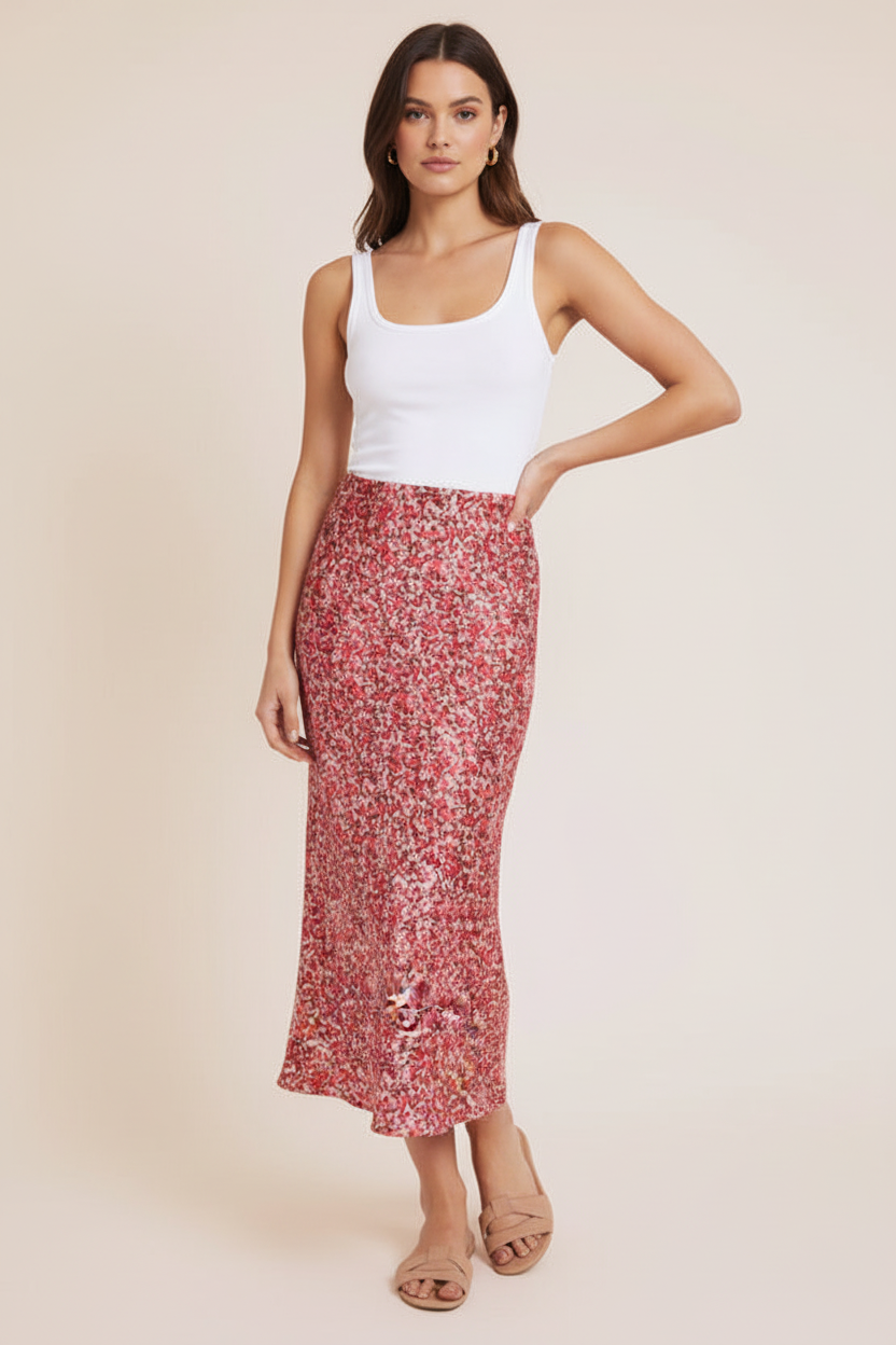 Evan Floral Midi Skirt-Pink Satin