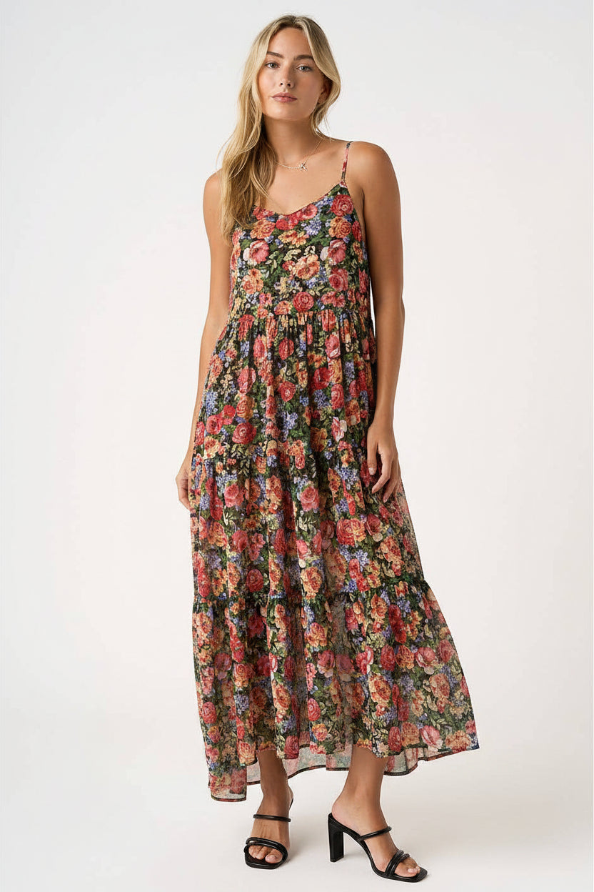 Floral Tiered Maxi Dress-Black Red Chiffon | Women's Dresses