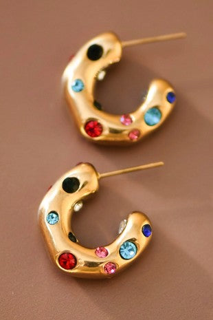 18K Non-Tarnish Crystal Hoop Earrings-Multi Gold