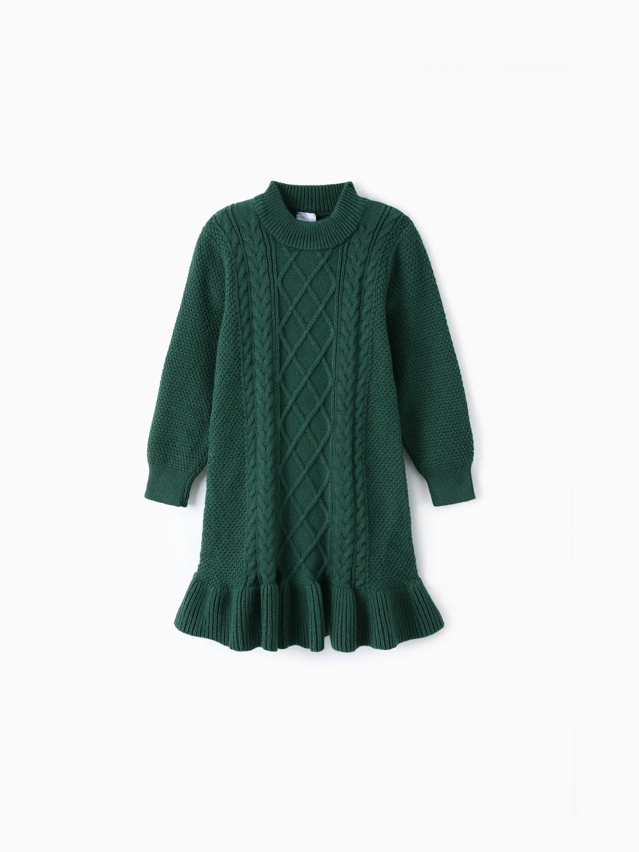 Cable Knit Ruffled Sweater Dress-Dark Green