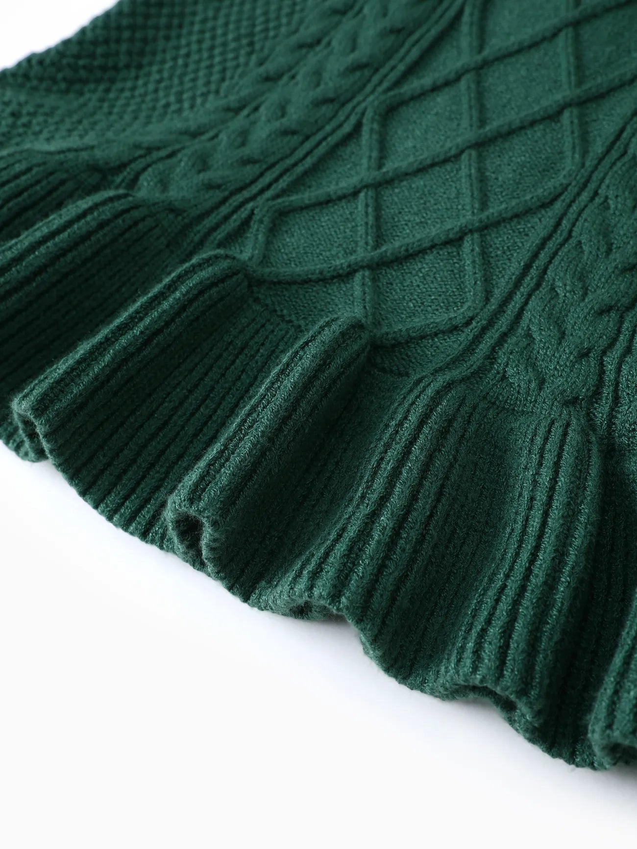 Cable Knit Ruffled Sweater Dress-Dark Green