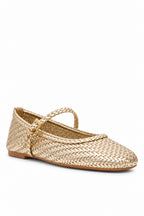 Gold woven ballet flat with single strap and buckle against a white background