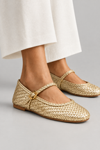 Fabesian Ballet Flats with Strap-Gold Woven
