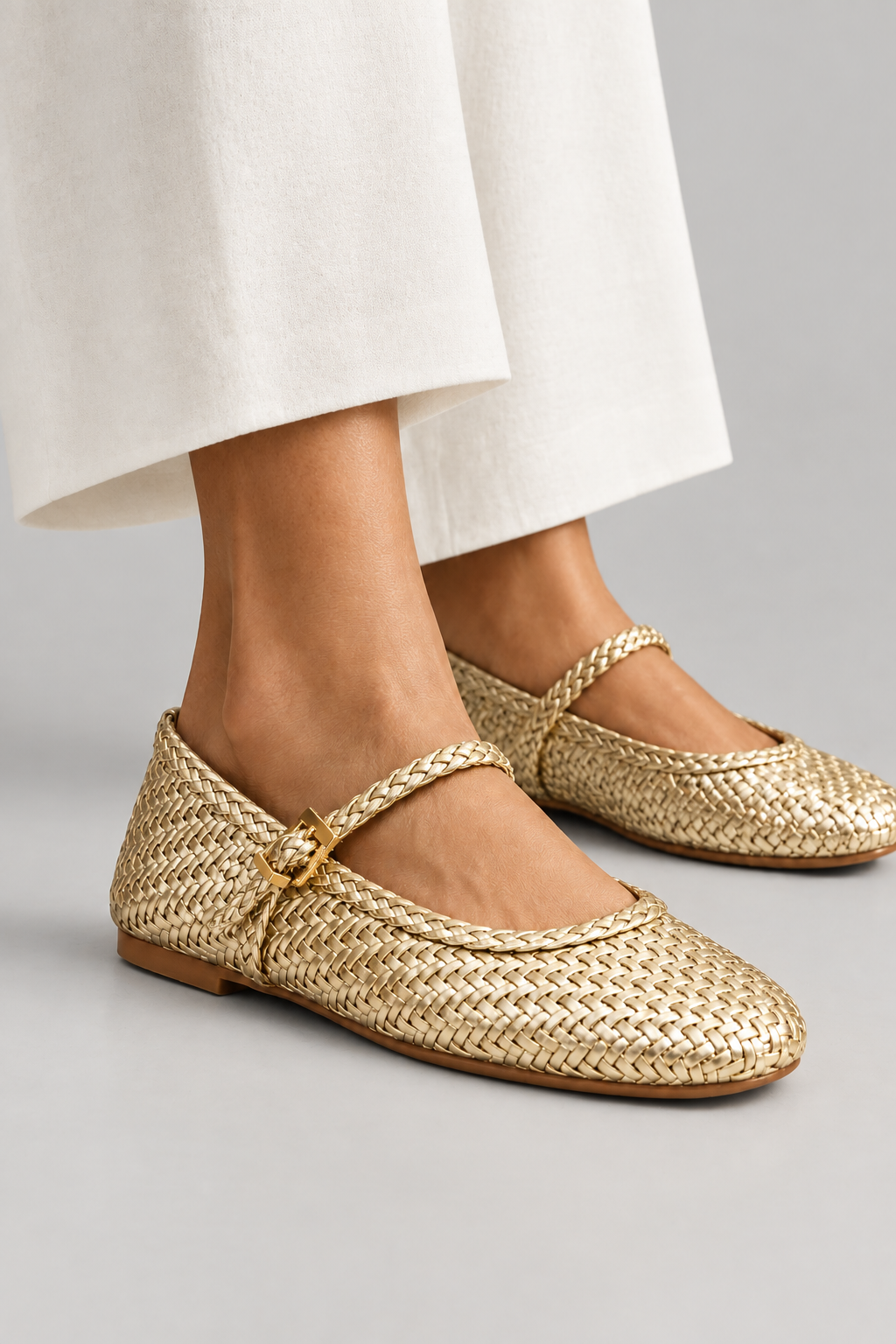 Fabesian Ballet Flats with Strap-Gold Woven