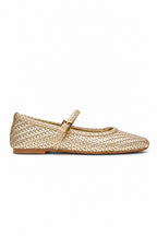 Gold woven ballet flat with single strap and buckle against a white background