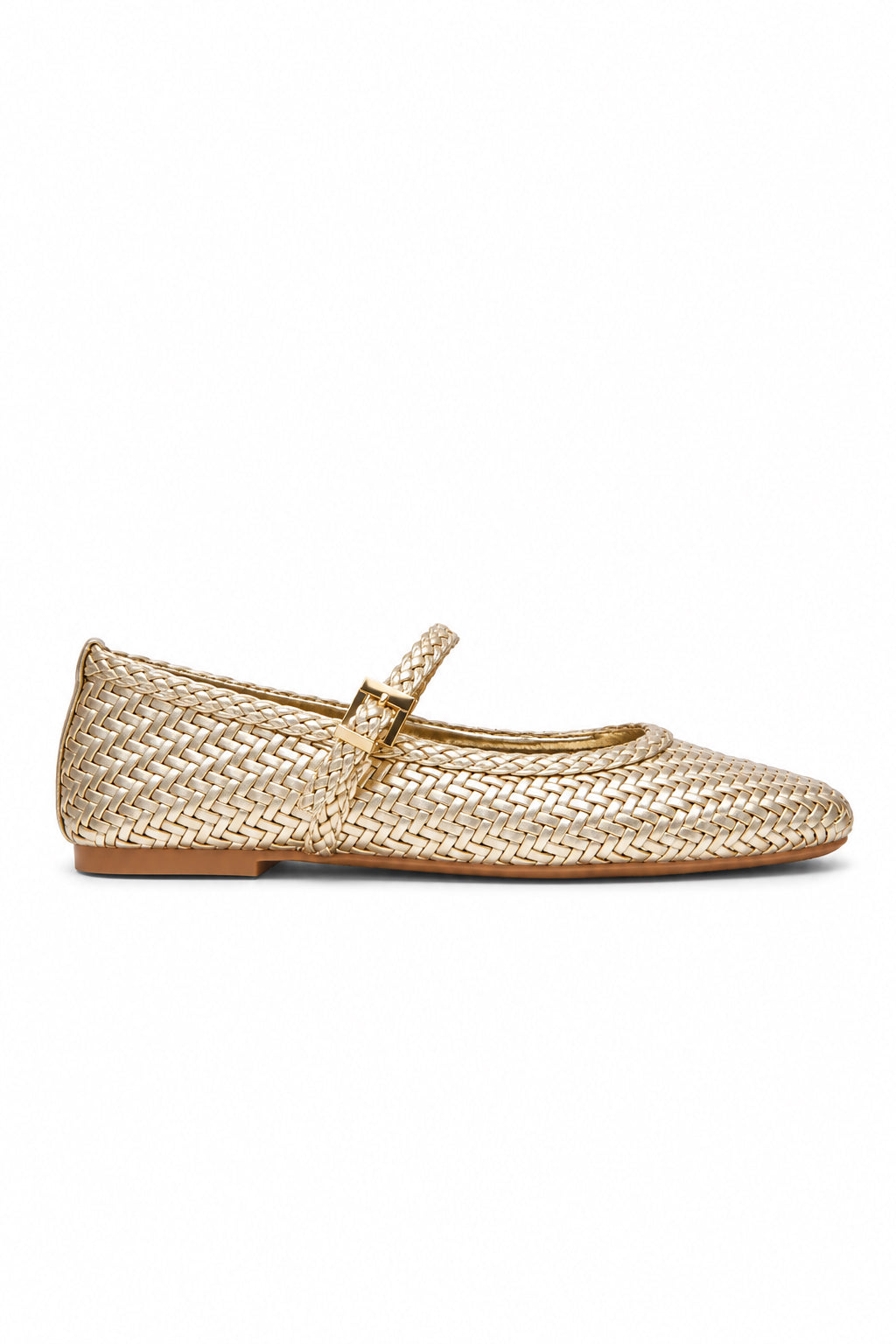 Gold woven ballet flat with single strap and buckle against a white background
