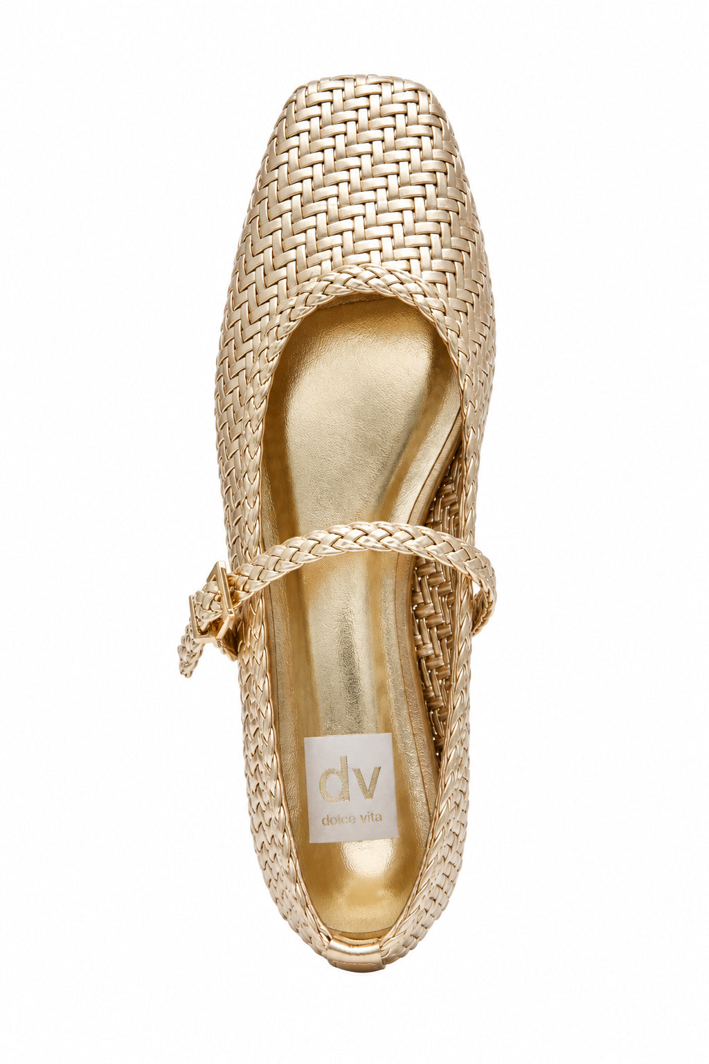 Gold woven ballet flat with single strap and buckle against a white background