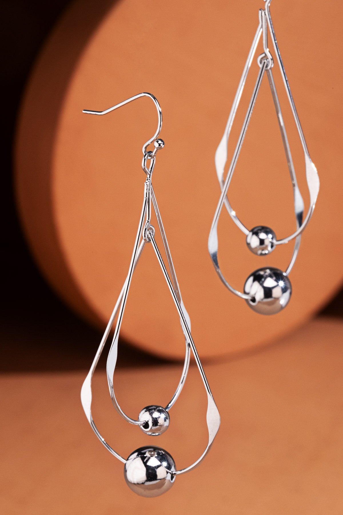 Double Teardrop Dangle Earrings Bead Accents-Silver