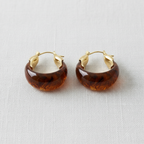 Pair of brown hoop earrings with gold accents on a light gray background