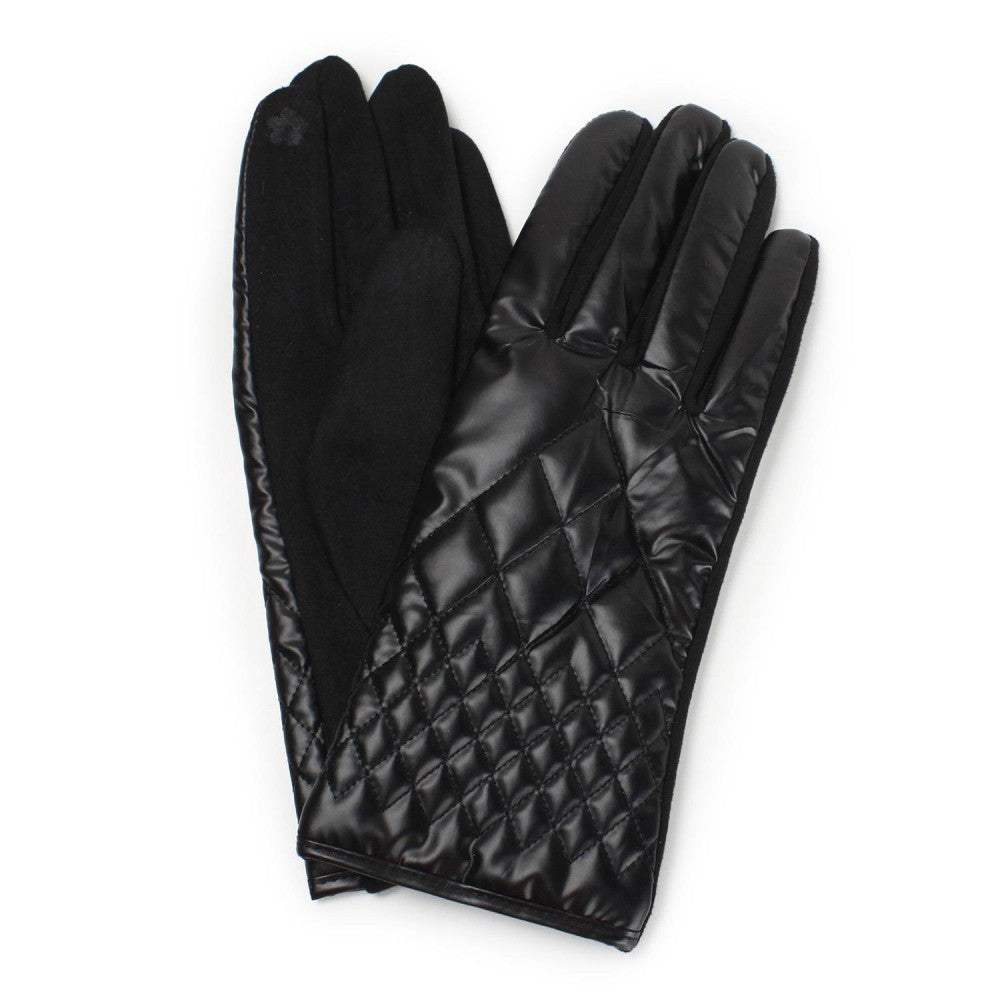 Faux Suede Gloves With Quilted Metallic Detail-Black